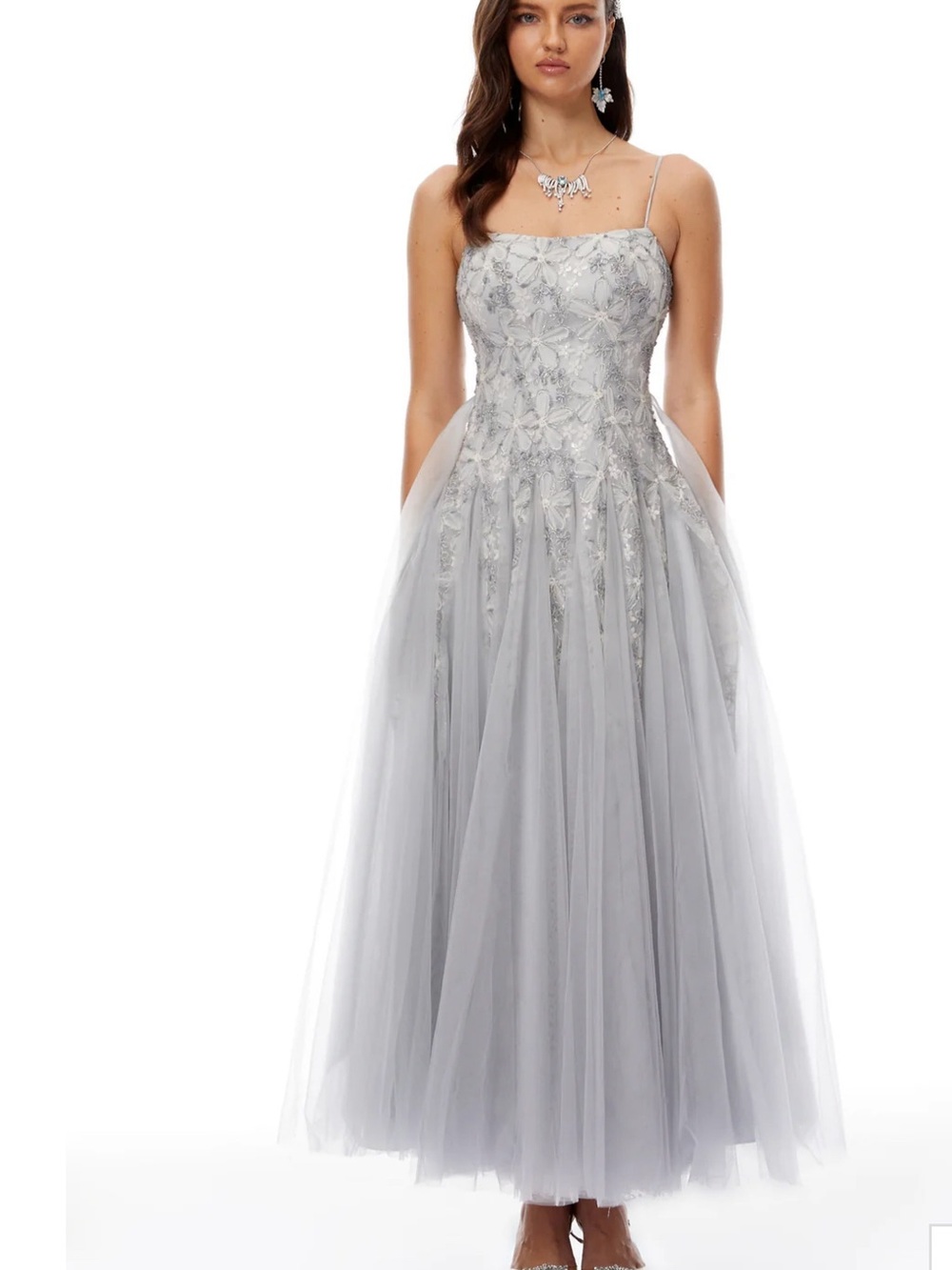 Silver Embroidered Tulle Prom Gown with Spaghetti Straps